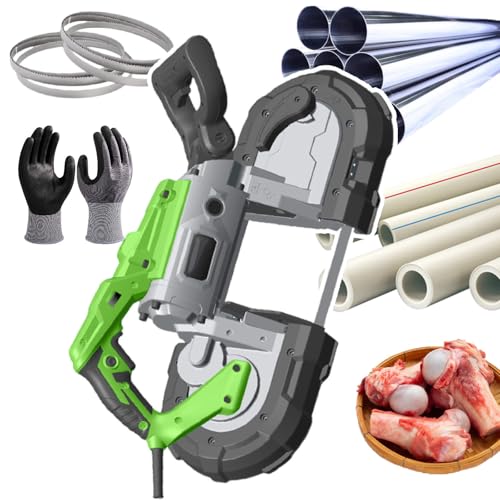 pedenencelia Sega A Nastro per Metallo,Sega A Nastro per Taglio A Freddo Metallo,Angolo Taglio Regolabile A 45°,Diametro di Taglio di 4,72 Pollici,con 1 Guanto E 6 Lame per Seghe,Withoutbase