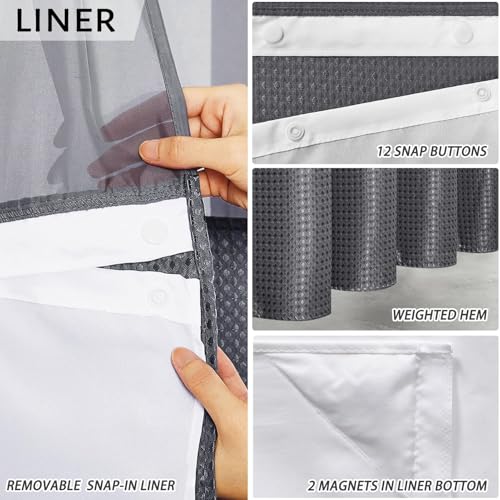 Image of Furlinic Dark Grey Small Stall No Hook Shower Curtain with Snap in Liner,Waffle Weave Heavy Duty Fabric Waterproof Bathroom Curtains,Washable Shower Curtain Set with See Through Window 36x72 Inch