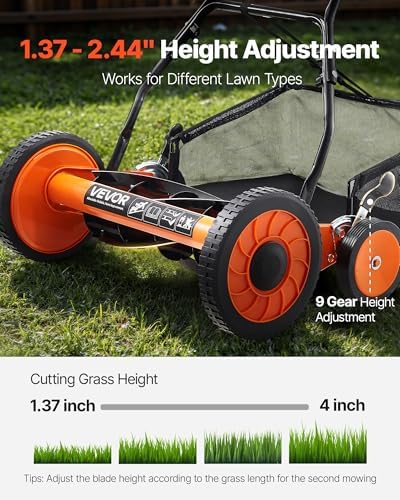VEVOR Push Reel Lawn Mower 16 inch, 5 Blades Manual Push Mower No Motor, 0.6-1.75 in Adjustable Cutting Height, Walk-Behind Lawn Mowers with Grass Catcher Bag for Green Lawns, Driveways, Courtyards - Thumbnail 5