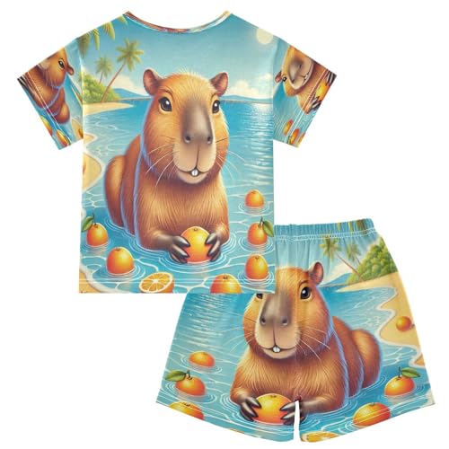 Capybara Summer Beach Oranges Pajama Set Short Sleeve Sleepwear Soft Pajamas Shorts Sets Cotton PJS 5Y2
