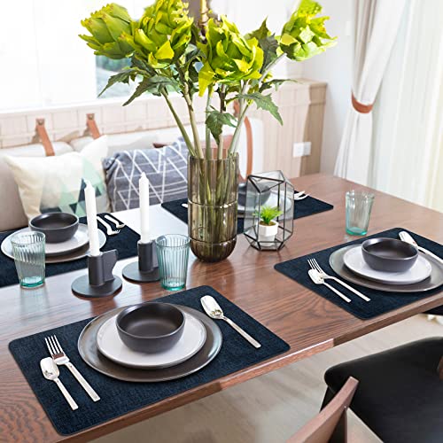 Placemats Set of 6 Washable, Heat Resistant Table Placemats Wipeable Faux Leather Place Mats Non Slip, Waterproof Square Table Mats for Indoor Outdoor, Dark Blue