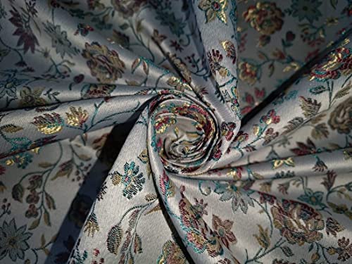 Tissu brocart bleu poudré rose et doré floral pour robe de bal