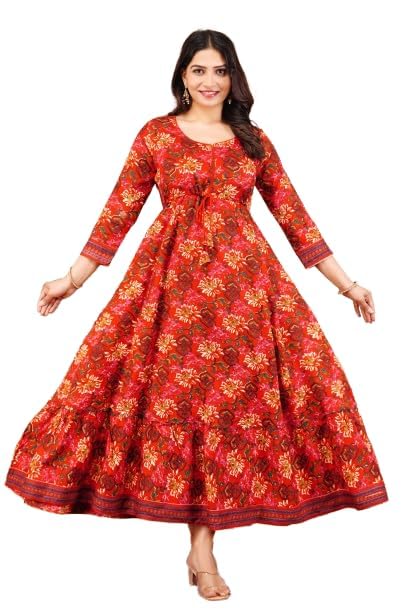 Women's Flared Anarkali Dress, Floral Print, 3/4 Sleeves, Maxi Length, Rayon-picture-55