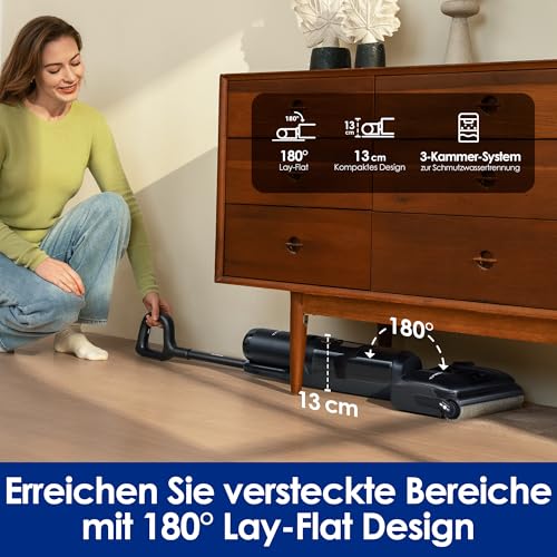 Tineco Floor ONE S7 Stretch Ultra Nass Trockensauger, 180° Lay-Flat Nasssauger, 85°C 5 Min Flashdry-Selbstreinige, 50 Min Laufzeit, DualBlock Anti-Tangle, Beide Kantenreinigen, Reinigen unter Möbeln