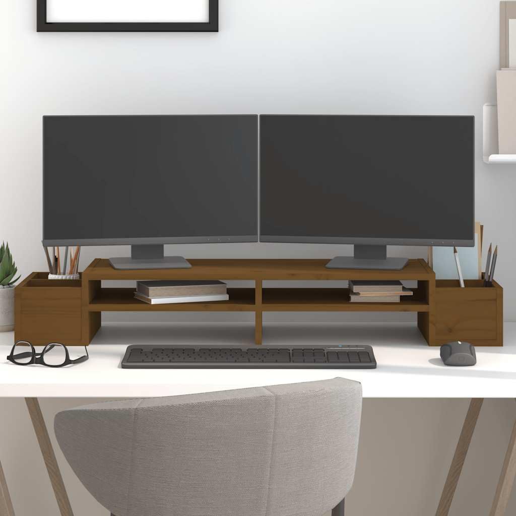 Monitorständer Honigbraun aus massivem Kiefernholz 100x27,5x15 cm mit Stauraum für Tastaturablage und Büroorganisation ideal für Homeoffice, Gaming und Studium