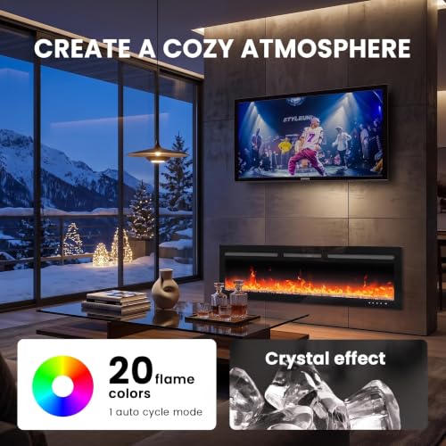 Image of Silonn 50-Inch Electric Fireplace Heater, Recessed or Wall-Mounted, 20 Flame Colors, 1400W Heat, WiFi-Enabled App & Remote Control, Timer, Black