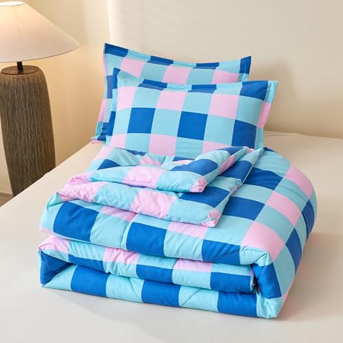 Image of Caressma Comforter Set Blue and Pink Checkered King Size, 3 Pieces Buffalo Grid Comforter Bedding Set, Geometric Checkered Bedding with Pillowshams