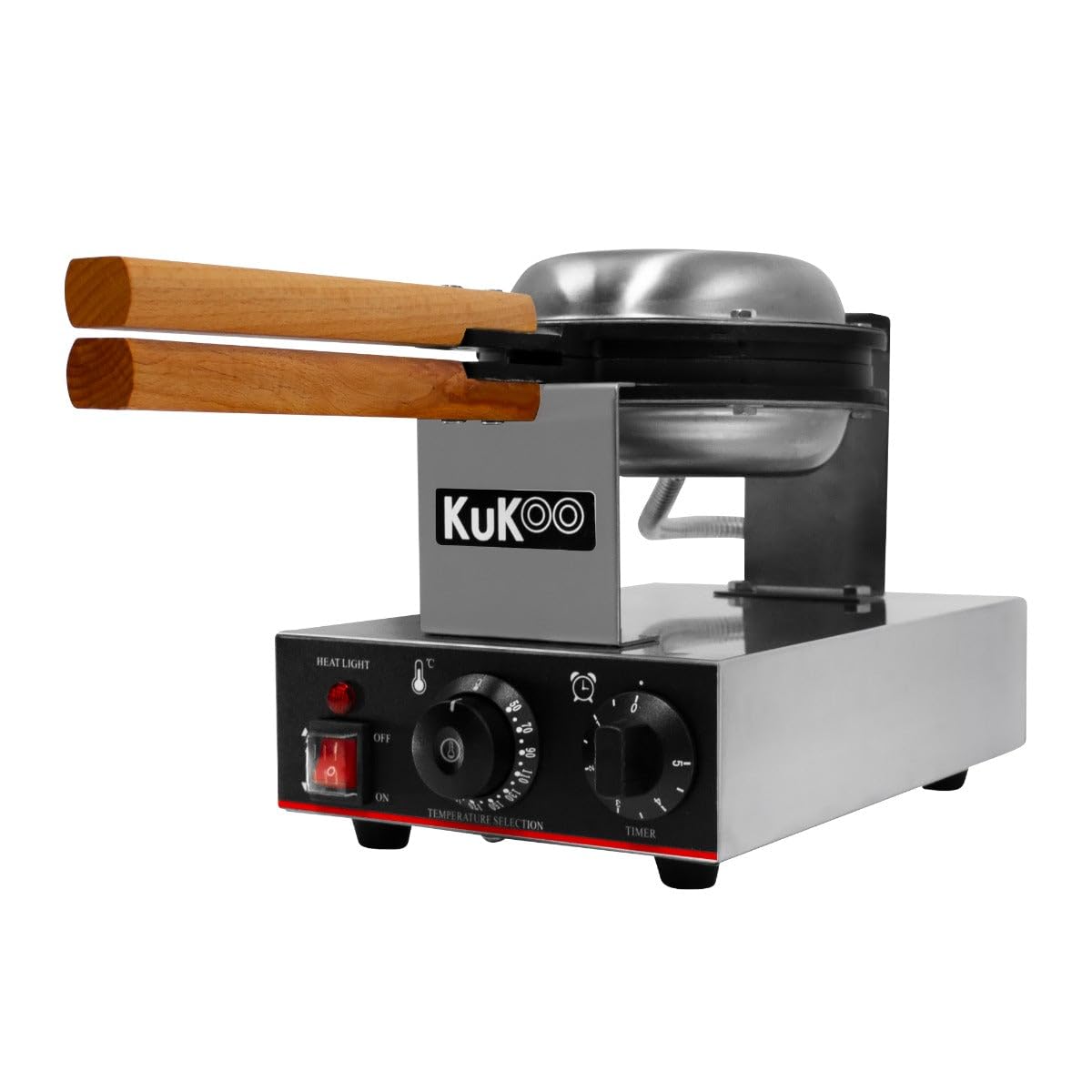 KuKoo Single Waffle Maker Machine Rotating Round Deep Fill Non-Stick Iron Plates Electric 1000W 50-250°C Automatic Temperature 1-5 Minute Timer Commercial Stainless Steel Cool Touch Handle FREE Tongs