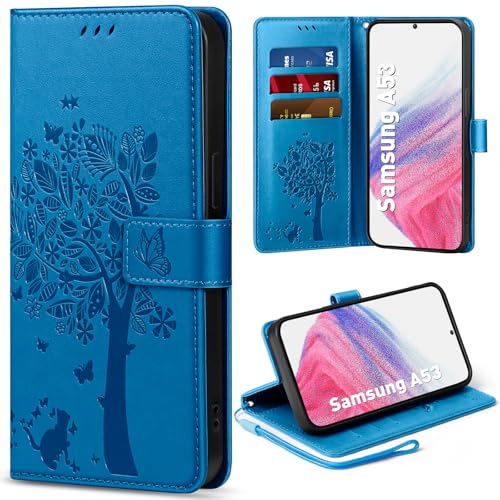 EASDNB Handyhülle für Samsung Galaxy A53 5G Hülle Flip Lederhülle Wallet Case mit [3 Kartenfächer] [Magnet] [Ständer] Premium Leder Prägung Schutzhülle Klapphülle für Samsung Galaxy A53 Blau