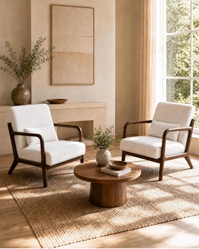 Garvee Mid-Century Chenille Accent Chair, Cozy Reading Chair, Modern Lounge Armchair with Lumbar Pillow, Solid Wood Frame, for Living Room, Bedroom, Office, Beige - Image 6
