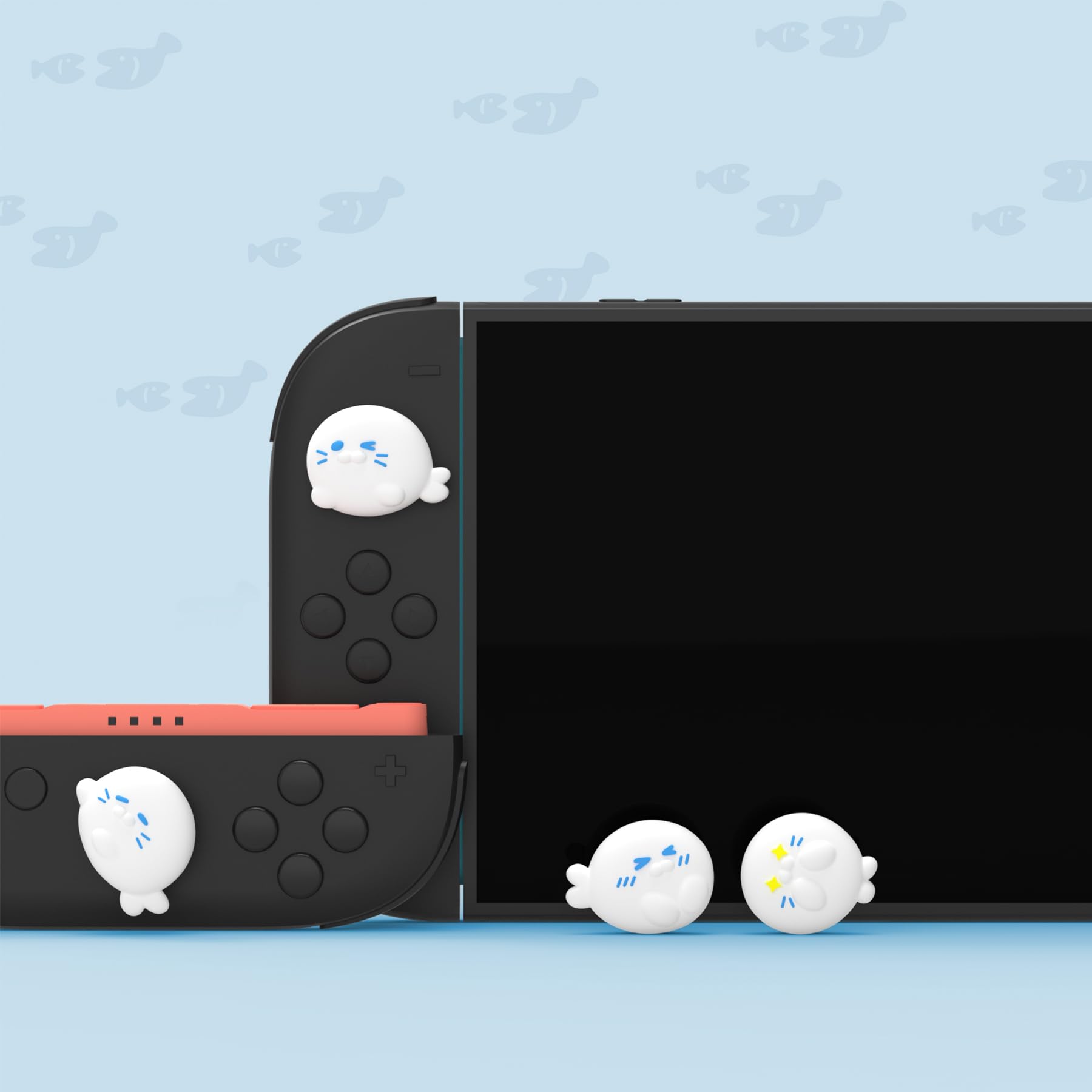 PlayVital 4 Piezas de Agarres para el Pulgar para Nintendo Switch 2 2025, Kawaii Tapas de Silicona para Joysticks de Joycon, Protector para Joystick, Accesorios para Switch 2 (Escuadrón de Focas)
