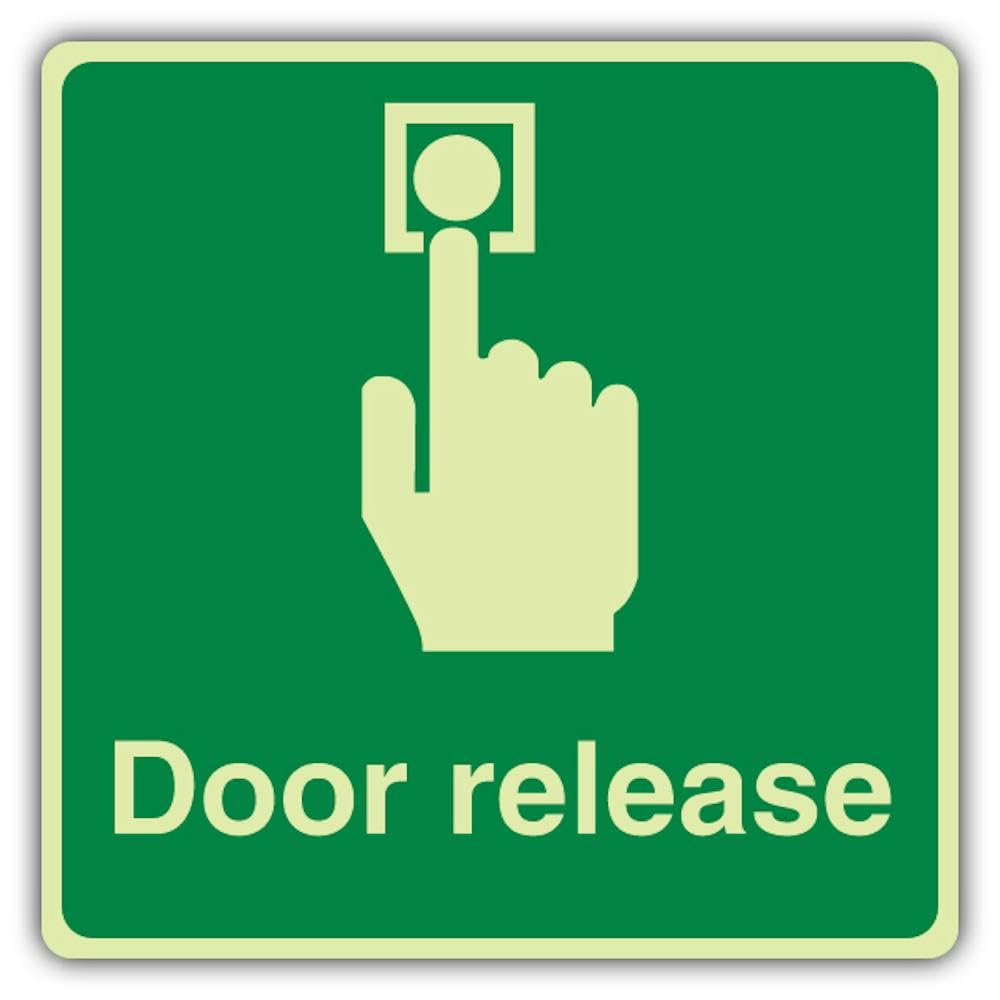 V Safety Photoluminescent Door Release - Square Safety Sign - 100 x 100 mm - 1.2mm Rigid Plastic - Triple Glow