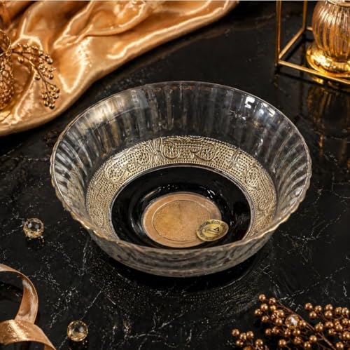 Image of Nazrana Glass Pudding Set, Clear with Gold Design, 8 Piece, 6 Small Bowls, 1 Large Bowl & 1 Serving Spoon, Gift Box