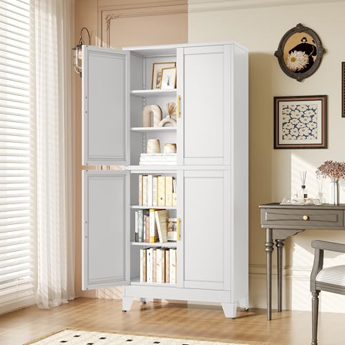 Image of PAOFIN White Metal Storage Cabinet, Pantry With 4 Doors and Adjustable Shelves, Leveling Foot for Kitchen, Living Room and Dinning Room, 75 inch H