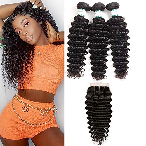 100 Unprocessed Virgin Human Hair Bundles With Closure Brazilian Deep Wave 8A Grade Natural Color 3 Bundles 18 20 22 With 16 Inch Lace Closure 4X4 Three Part …