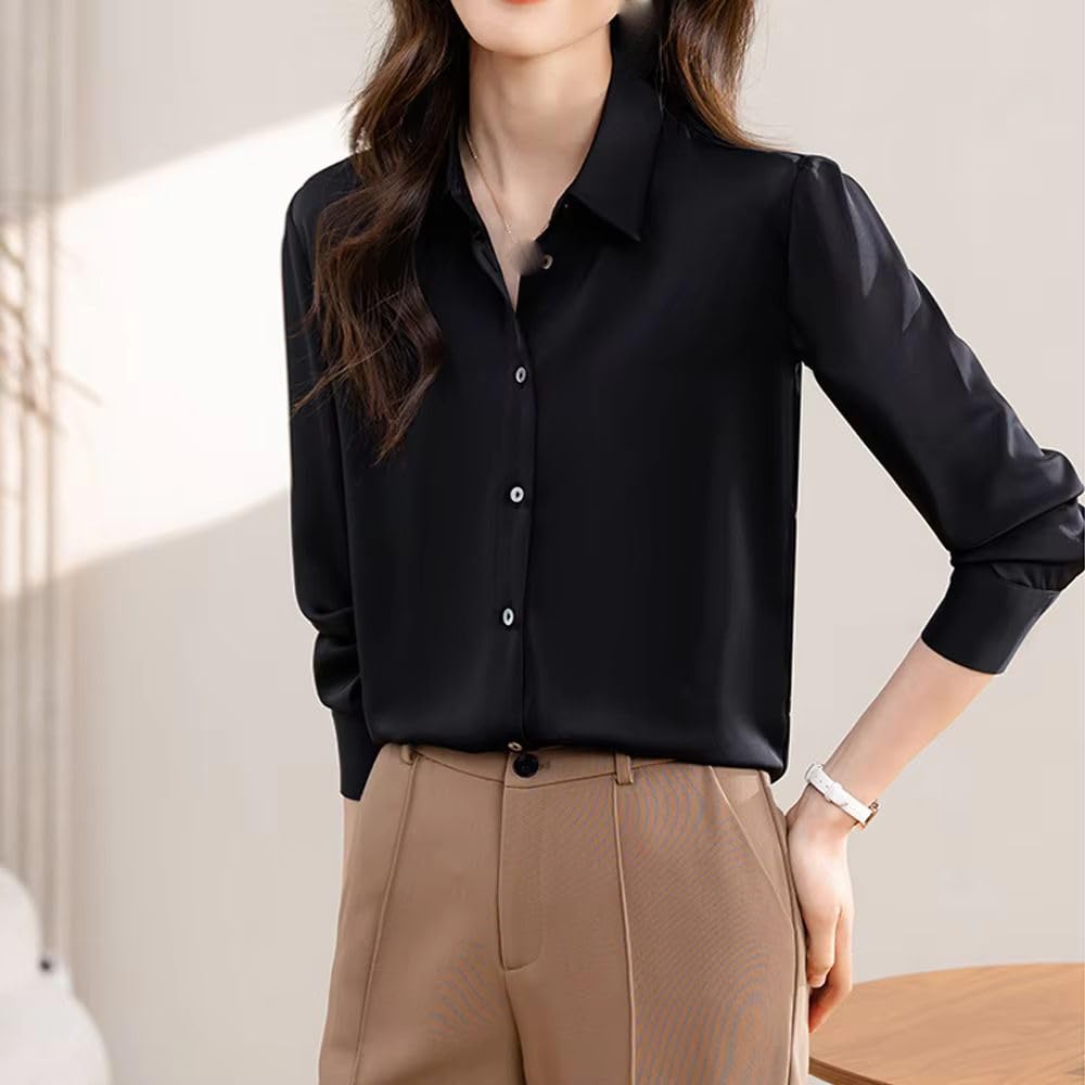 Camisa elegante de satén liso para mujer, de manga larga, vintage, para oficina, trabajo, blusa blanca, ropa formal
