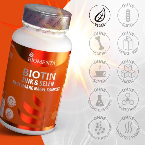 BIOMENTA Biotin + Zink + Selen - Haut + Haare + Nägel Komplex - 12.500 mcg Vitamin B7 / Stck. - 370 Biotin Tabletten hochdosiert + vegan - Premiumqualität