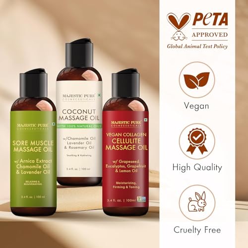 Image of MAJESTIC PURE Massage Oil for Massage Therapy - Refreshing, and Relaxing - Natural Oils - for All Skin Types - Men and Women Massage Lotion (3.4 Fl Oz (Pack of 3), Massage Oil Set)