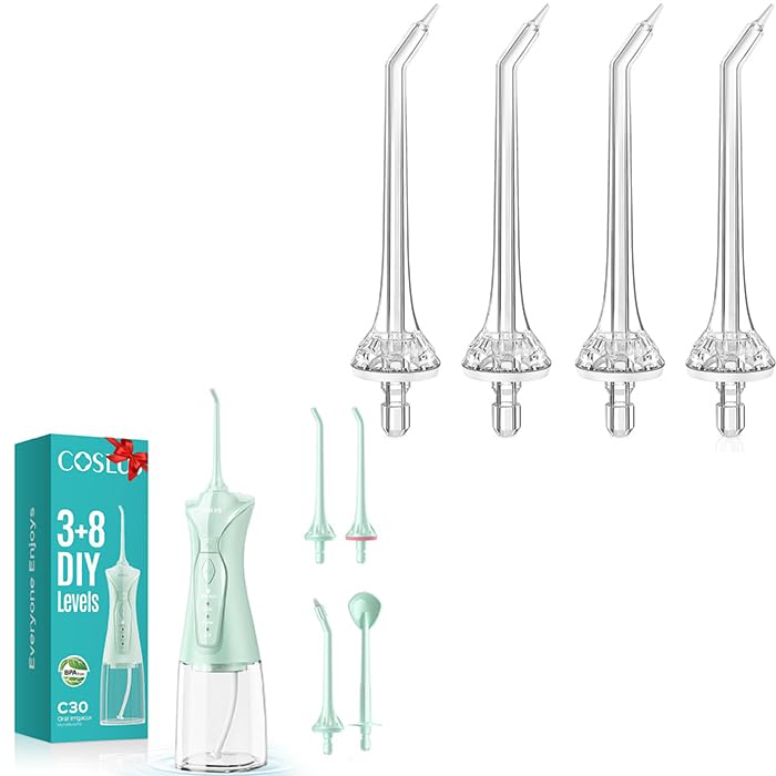 COSLUS Water Dental Flosser Pick for Teeth Green C30(FC5360) & 4-Pcs Periodontal Jet Tip Replacement Heads for ​Deep Clean Gum