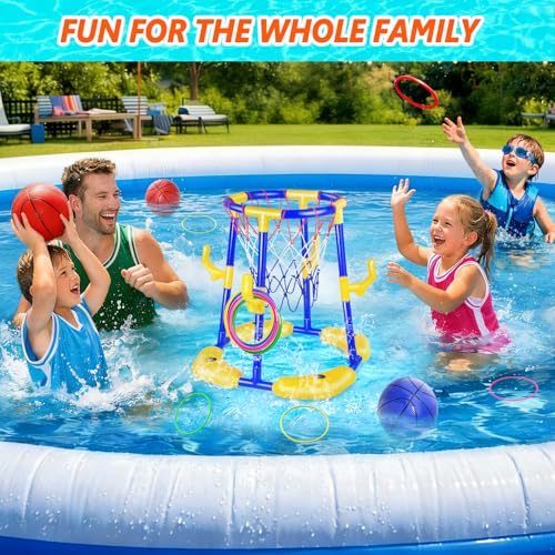 Doviden Pool Basketballkorb Set_Schwimmender Basketballkorb für Pool mit 4 Wasserbällen,Pumpe&Ringen,2-in-1 Pool Spielzeug Erwachsene für Jugendliche/Kinder Poolparty Sommer Wasserspielzeug