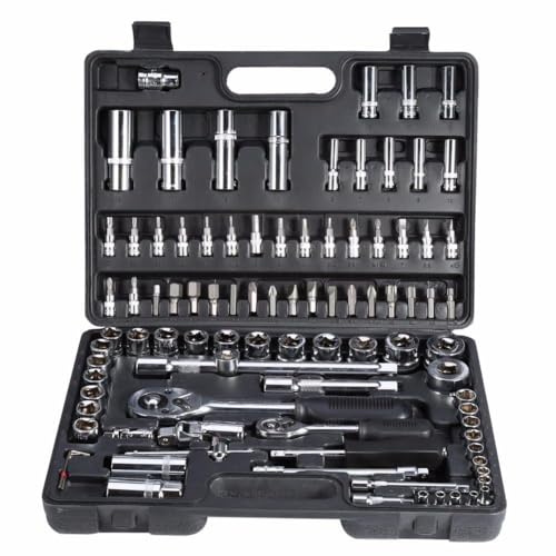 Image of S94 Stainless Steel Tool Kit Of Socket Set, 1 /4 inch And 1 /2 inch Ratchet Handle Wrench, Screwdriver And Torx Bits, 94 Piece, Blue, 200 Mm