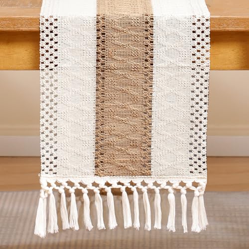 Tosleo 120 inch Boho Table Runner with Tassels Khaki Striped
