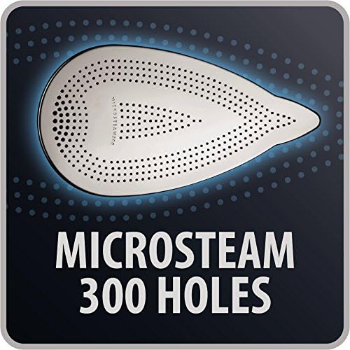 Close-up of the Rowenta Microsteam 300 stainless steel soleplate with numerous steam holes.