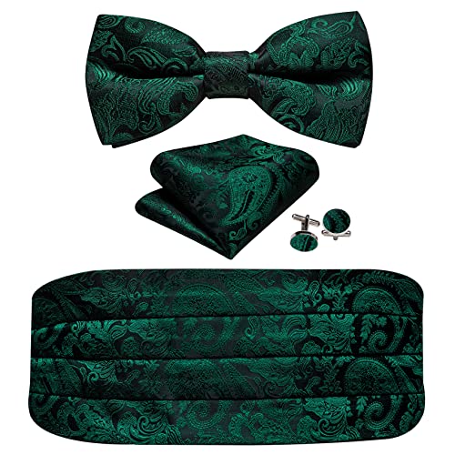 Image of Barry.Wang Men Silk Paisley Cummerbund and Pre-tied Bowtie Handkerchief Cufflink Set for Tuxedo
