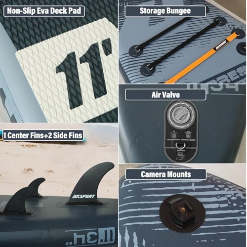 Image of AKSPORT 11' Inflatable Stand-Up Paddle Board with Upgraded SUP Accessories Kit | Extra Wide 34 inch Design | Non-Slip Deck | Premium SUP Board for Adults & Youth of All Levels