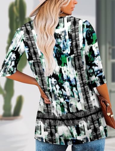 KISSMODA Tunic Tops for Women Loose Fit Dressy Round Neck Pleated 3/4 Length Sleeve Spring Tops