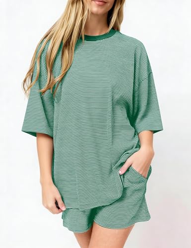 Image of Ythomm Striped Pajamas Shorts Sets Women 2 Piece Lounge Outfits Short Sleeve Tees Drawstring Shorts Summer Matching Pj Sets