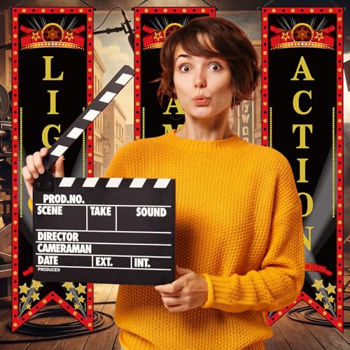 Image of Tegeme 6 Pcs Movie Night Porch Sign Banner Movie Theme Party Decorations Theater Welcome Now Showing Light Camera Action Hanging Porch Sign for Home Film Backdrop Party Supplies (Black,Classic)