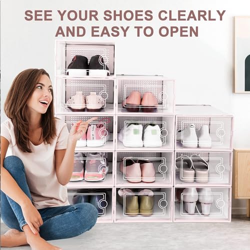Image of Kuject Shoe Organizers Storage Boxes for Closet, 12 Pack Clear Plastic Stackable Storage Bins with Lids, Under Bed Shoe Containers for Entryway, Drop Front, Fit up to Women's Size 10,Pink