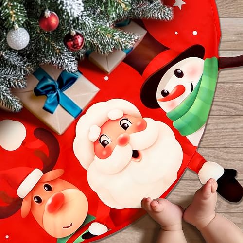 Alupssuc Christmas Tree Skirt, 48 Inch Xmas Tree Mat, Cute Santa Claus,Reindeer,Snowman Themed Red Christmas Tree Skirts Carpet for 7/8/9 FT Artificial Christmas Tree, Red