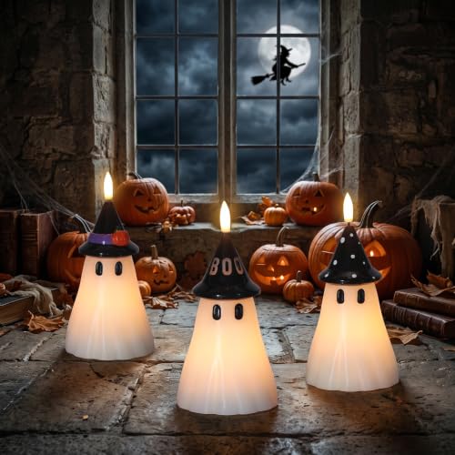 Image of Halloween Decor Flameless Ghost Candles with Witch Hat, 3PCS