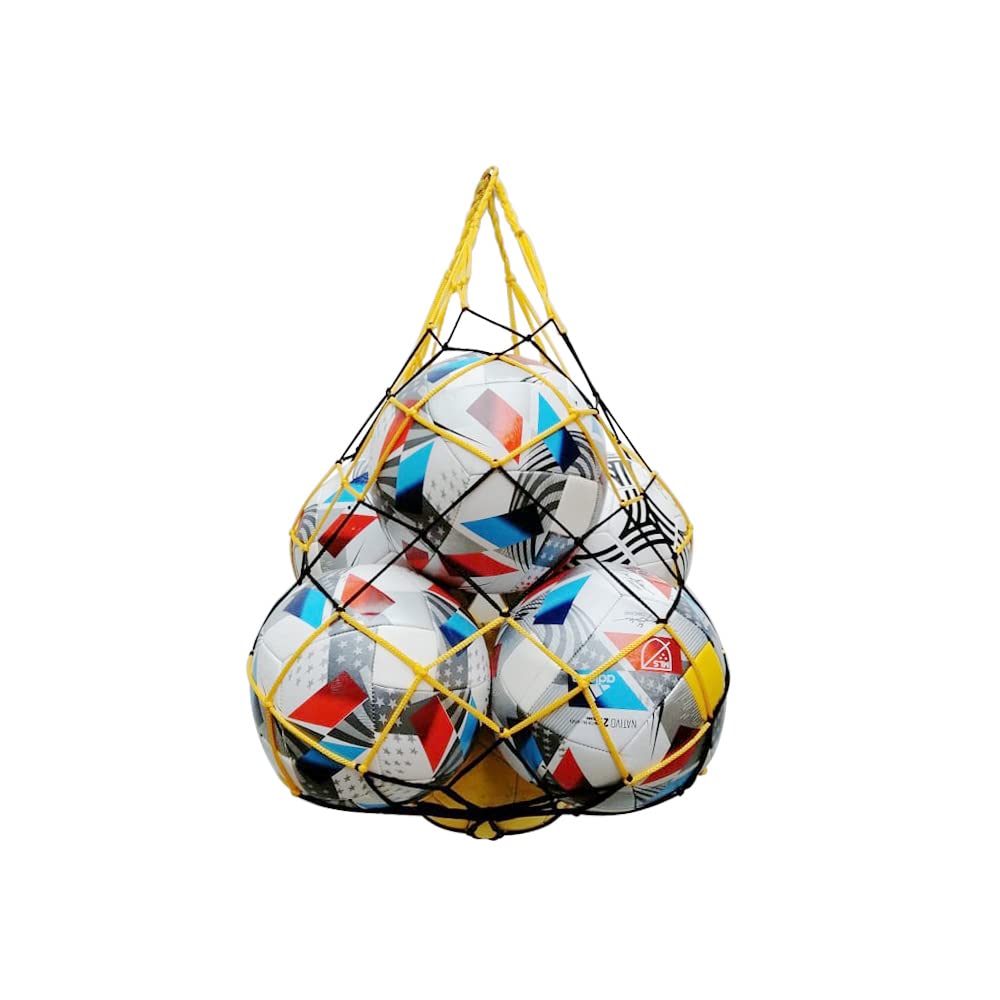 Minni Rossa Net Bag Football Basketball Carrying Bags Training Volleyball Rugby Heavy Duty Mesh Tote Storage Sack Gym Hanging Nets (Black/Yellow, Upto 4 Balls)