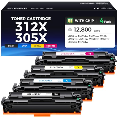 312X 305X Toner Cartridge Set 4-Pack Printer Replacement for HP 312A 305A CF380A CE410A for Laserjet Pro 400 Color MFP M475dn M475dw M451dn M451dw M451nw Pro 300 M375nw M351a M476dw M476nw M476dn Ink
