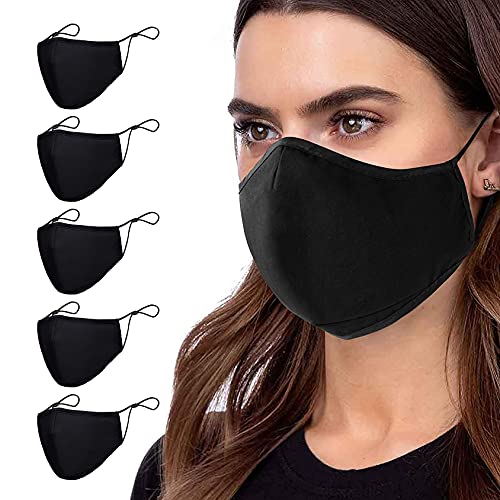 5 PCS Protective Covers with Two Adjustable Elastic Loops Unisex Small Face Masks Fabric M Cotton Reusable with Nose Curved Black Dust-proof Protective Cloth Reusable Face Mask for Men and Women