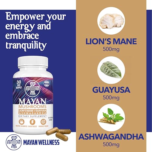 Mayan Mushrooms | Lion's Mane 500mg | Guayusa 500mg | Ashwagandha 500mg |Supplement for Mental Calmness, Focus, Brain & Memory Support. Vegan, Plant-Based, Non-GMO, 90 Count - - Image 4