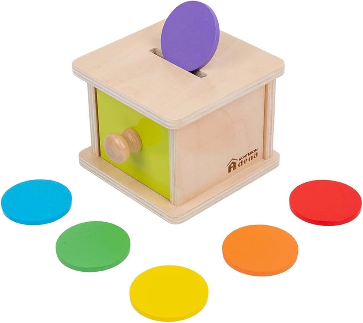 Caja de monedas Adena Montessori, puerta amarilla-verde, 6-12 m | 6 monedas de madera. Puerta y cajón abatibles. Enseña la permanencia de objetos y la motricidad fina. Juguete montessori. Regalo 6-12m.