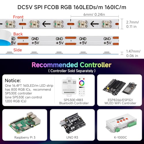 Image of SEZO WS2812B IC RGB LED Strip 160 Pixels /m 2.7mm Width Ultra Narrow Individually Addressable RGB Light 0807SMD Dream Full Color Flexible Tape 3.3ft IP30 DC5V(No Adapter or Controller)
