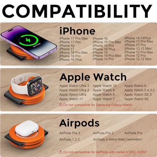 Image of Hicober 3 in 1 Wireless Charging Station for Apple Watch and iPhone Air 17 16 15 14 13 12 Pro Max /Plus, Magnetic Foldable Wireless Travel Charger Station Stand for Airpods iWatch All Series Orange