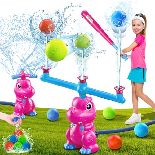 TERRAMUS 4-in-1 Dinosaur Water Sprinkler Baseball Toys, 360° Roating Spray Water Play Game, Water Splashing Toy for Kids Outdoor, Summer Backyard Lawn Pool Party Fun for Boys Girls (Pink)