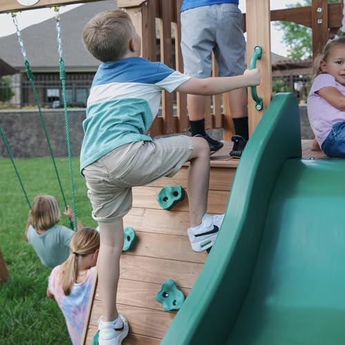 Backyard Discovery Lightning Ridge Cedar Wood Swing Set with Wave Slide, Play Deck, Rock Wall, Sandbox, Belt Swings, Toy Telescope, Steering Wheel, Step Ladder, Outdoor Playset - image 4