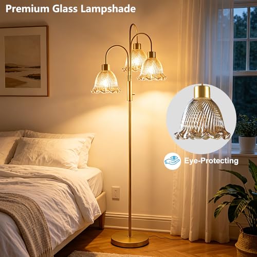 Image of 3-Light Glass Floor Lamp for Living Room, 70 inch Gold Dimmable Standing Tall Lamp with Amber Glass Shades &3PCS 3000K Warm White Bulbs for Wedding /Party, Modern Tree Pole Lamp for Bedroom Home Decor