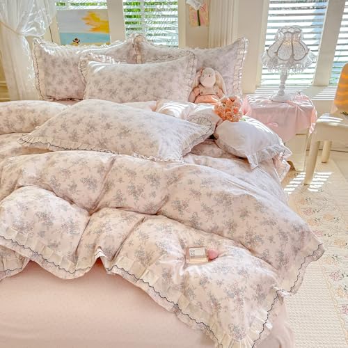 Image of VM VOUGEMARKET Lace Ruffle Duvet Cover Set Twin,Vintage Garden Floral Bedding Set,Double-Layer Gauze Cotton Soft,Breathable & Lightweight for Teen Girls-68 x86