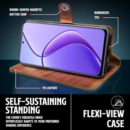 WOW IMAGINE Shockproof Flip Cover Back Case for Realme 13 5G | Realme 12 | 12X | Narzo 70x | C65 | N65 (Designer Button Flip Case With Inbuilt Wallet Pockets, Leather Finish, Alder Brown)