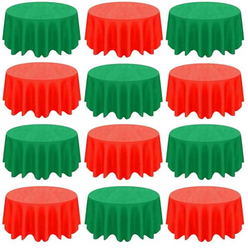 Image of CIEOVO 12 Pcs Christmas Plastic Tablecloths, Disposable Round Red Green Table Cover 84 Inch Waterproof Table Covers for Christmas Family Birthday Party Decorations