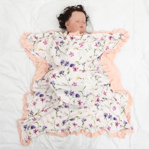 Image of Rayon Made from Bamboo Baby Blanket for Girls, Purple Floral Print, Ruffle Trim, Soft and Comfy, Size 40x33