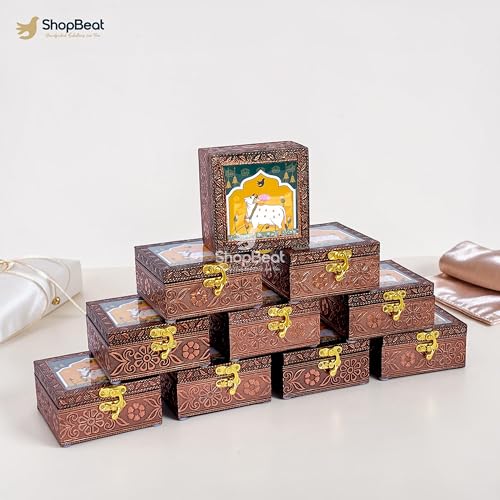 Image of Handcrafted Wooden Jewellery Box Copper Metal Finish (4 x 4 inch) - Pack of 10 | Oxidized Pichwai Cow Design | Decorative Organizer | Storage Box for Women Puja Festive Gifting | Royal Teal